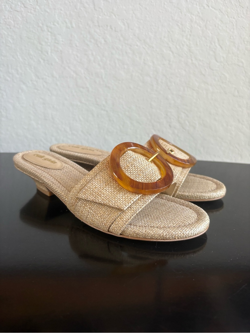 cult gaia Gold Textured Slide Mules with Amber Circle Buckle
